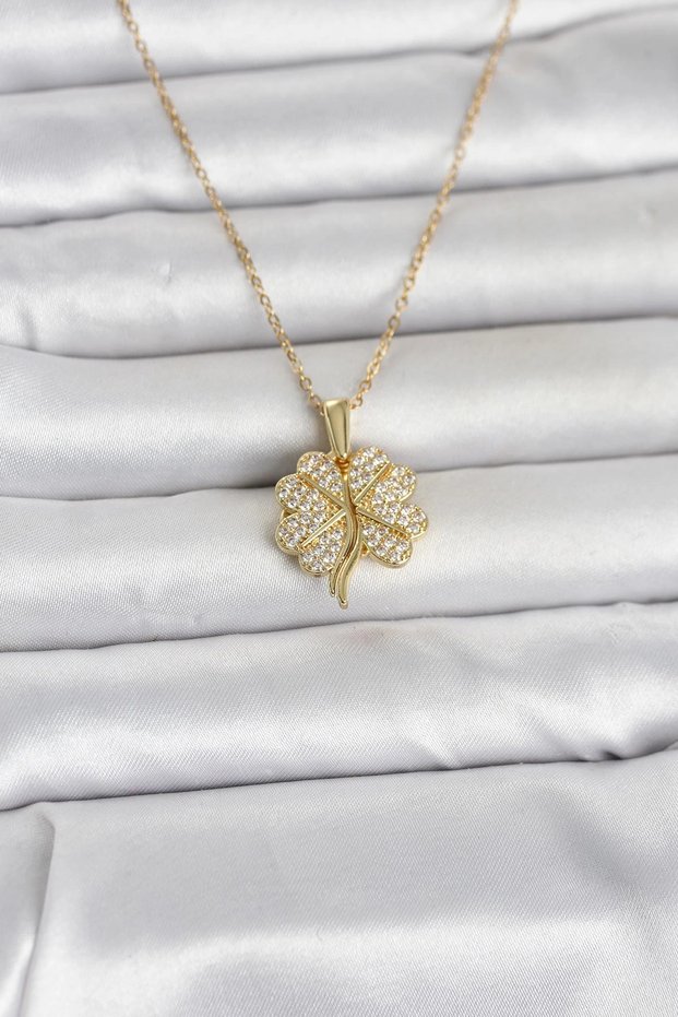 316L Steel Gold Color Openable Clover Model Zircon Stone Women's Necklace Tj-Bko11048