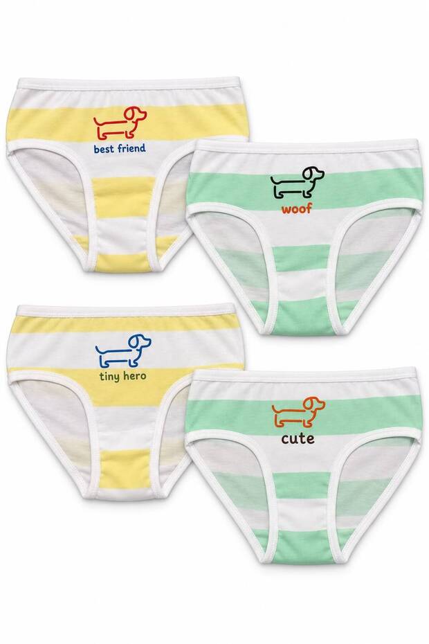 Girls' Panties Set 4-Piece Panties Set Cotton Kids' Underwear Striped Dog Pattern Printed Kids' Slip Panties Gift Kids' Panties Set Yellow Green White Girls' Underwear Sli̇p-K-03