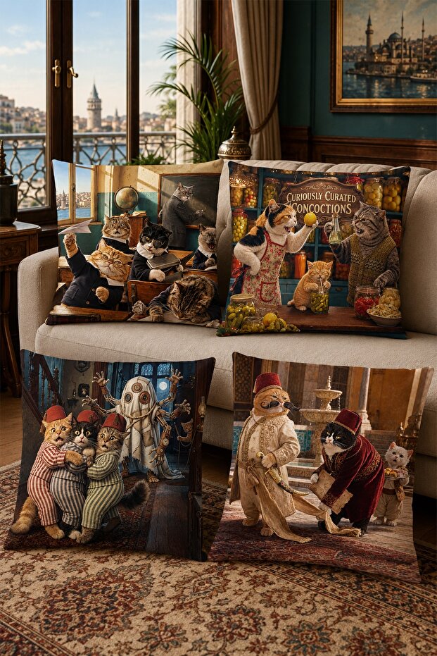 Green Cat Patterned 4-Piece Throw Pillow Cover Set