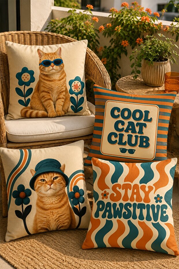 Cats with Blue Glasses Patterned 4-Piece Throw Pillow Cover Set