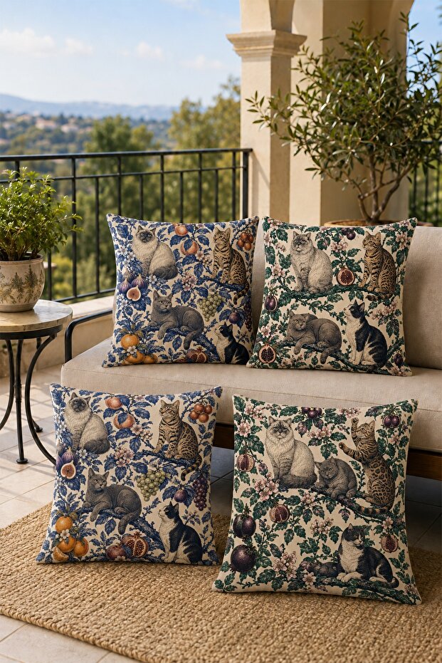 Cats in the Fruit Garden Patterned Set of 4 Throw Pillow Covers