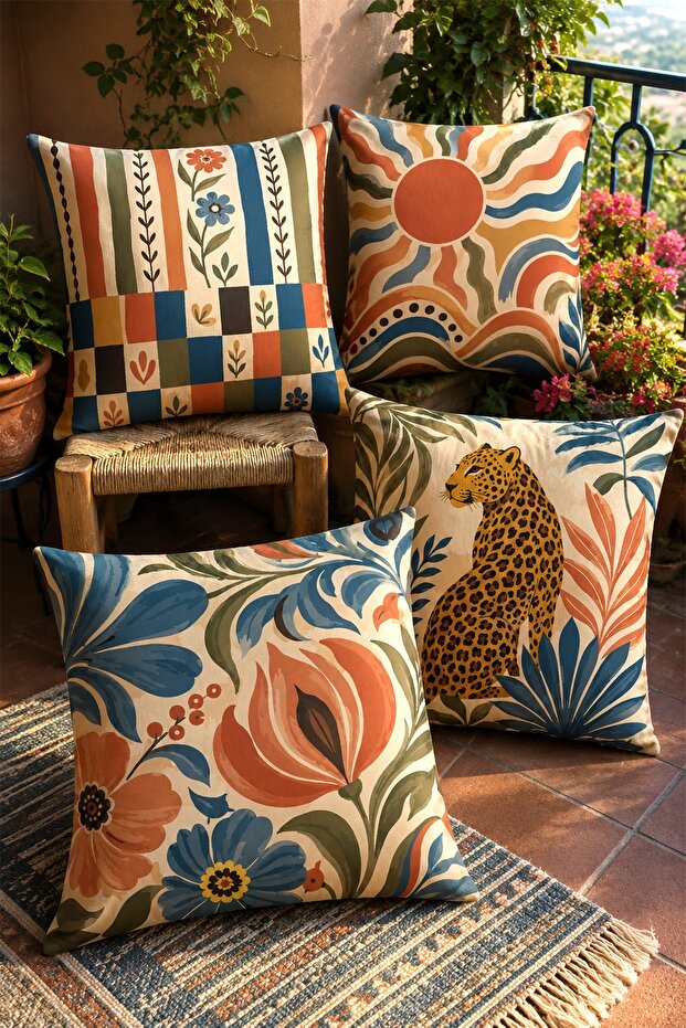 Floral Leopard Patterned 4-Piece Throw Pillow Cover Set