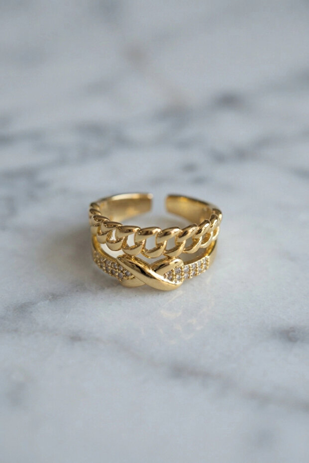 Adjustable Gold Color Ring with Chain and Knot Detail Tj-Byk4231