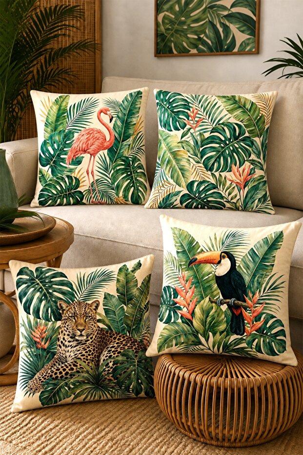 Botanical Flamingo, Parrot, Leopard Patterned 4-Piece Throw Pillow Cover Set