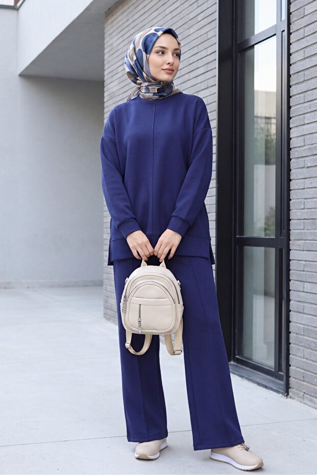 Pantsuit with Side Slits and Grass Green Front Panel - Dark Blue