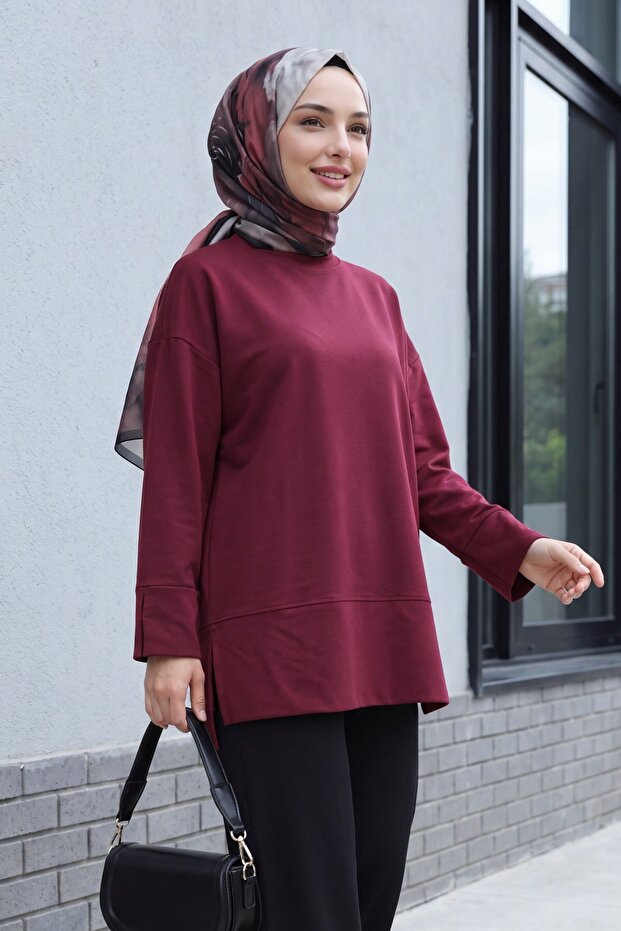 Crew Neck Slit Oversize Combed Cotton Tunic - Plum