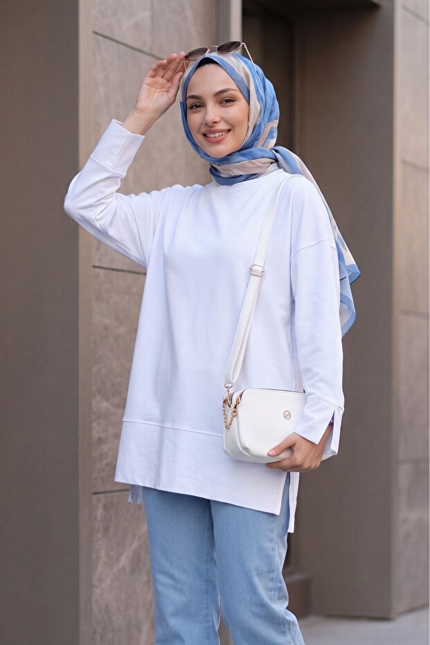 Crew Neck Slit Oversize Combed Cotton Tunic -White