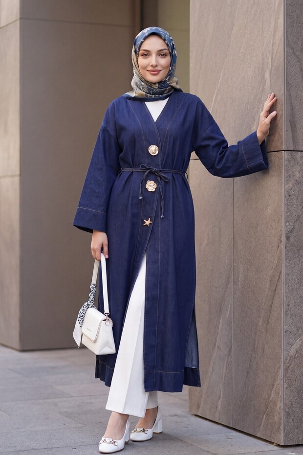Beli Lace-Up Brooched Slit Long Denim Kimono - Dark Navy Blue