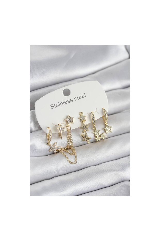 316L Steel Gold Color Set of 6 Star Model Women's Earrings with Chain Tj-Bkp11747