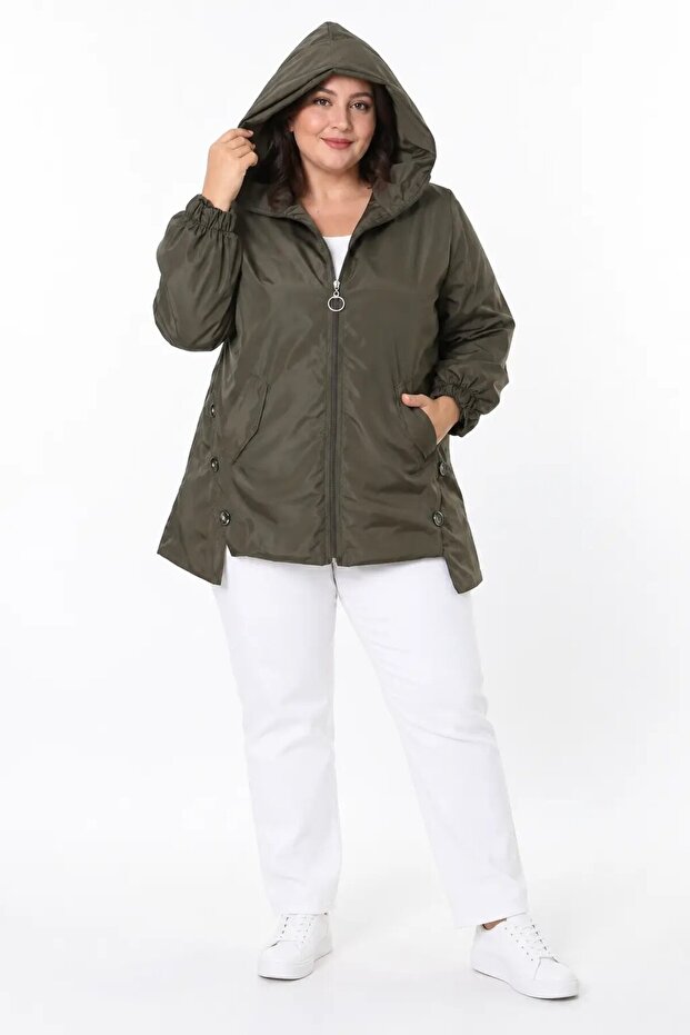 Women's Plus Size Khaki Hooded Zippered Waist Drawstring Lined Raincoat Coat with Pockets Hzl28W-Rzb12011