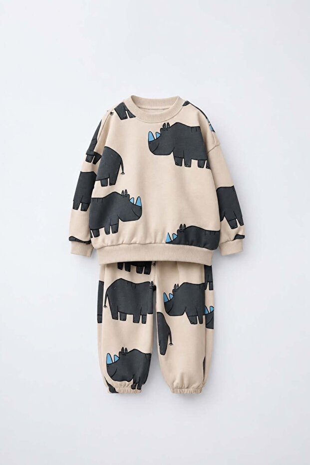 Boy's Rhino Printed Cotton 3 Thread Fabric Undercoat Tracksuit Set