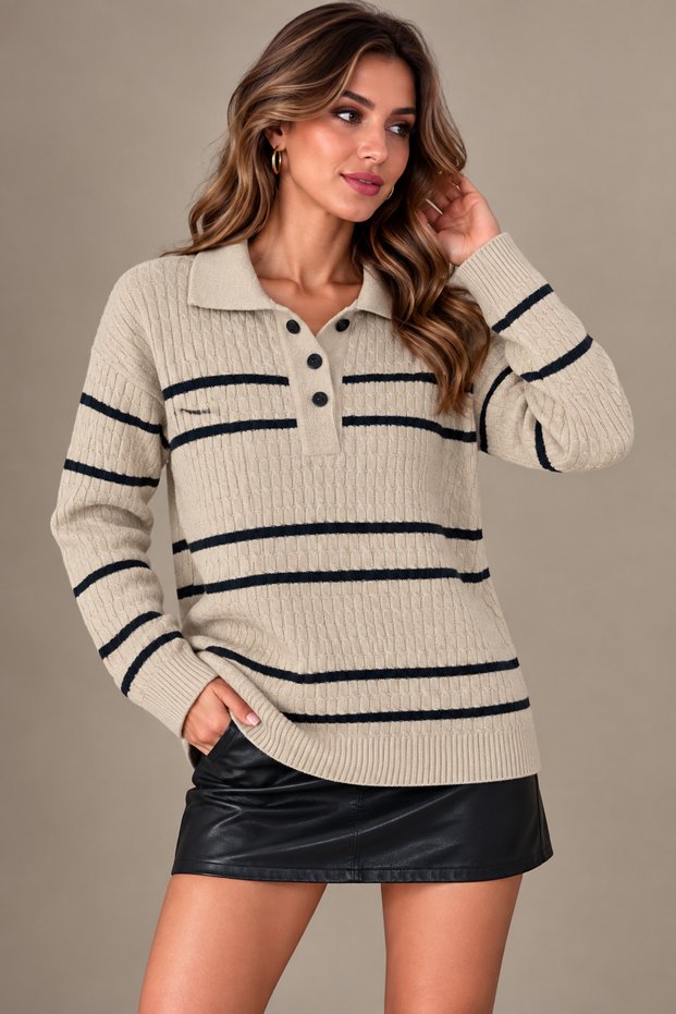 Women's Knitted Shirt Collar Button Detailed Knitwear Sweater
