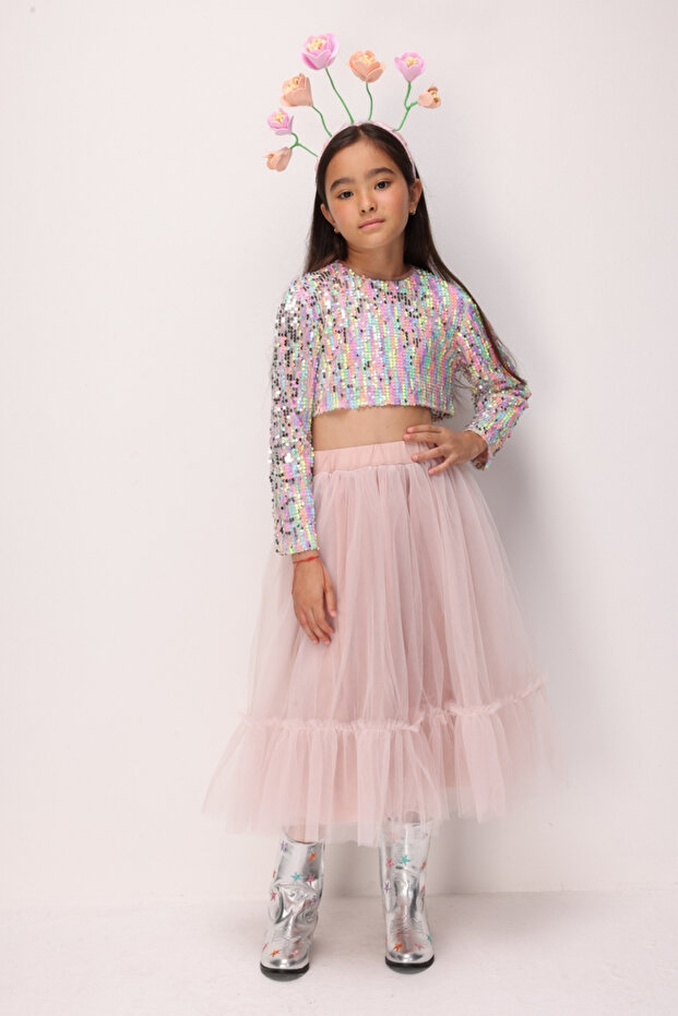 Powder Long Sleeve Girls' Sequin Crop Top and Skirt Set - Gisele