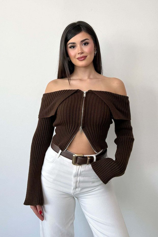 Women's Madonna Collar Zippered Cardigan Brown - 27K 2603
