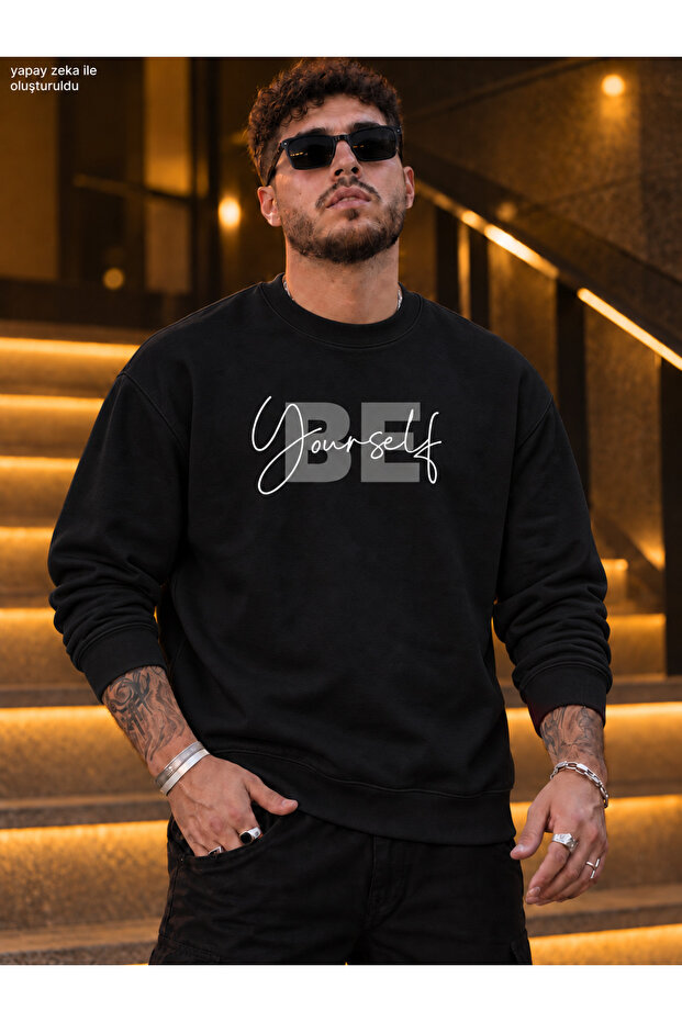 Men's Be Yourself Typography and Handwritten Printed Crew Neck Casual Regular Fit Sweatshirt