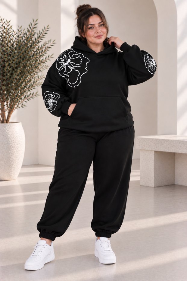 Women's Plus Size Floral Print Hooded 2-Piece Tracksuit Set Comfortable Fit Jogger Casual Sports Set