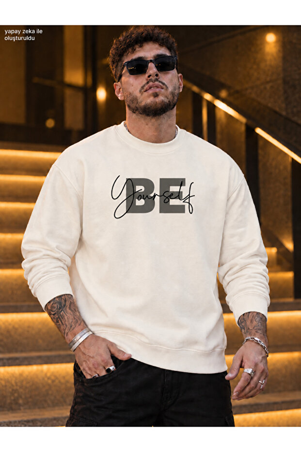 Men's Be Yourself Typography and Handwritten Printed Crew Neck Casual Regular Fit Sweatshirt