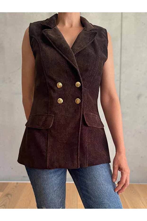 Double-Breasted Collar Gold Detail Button Velvet Line Textured Blazer Vest