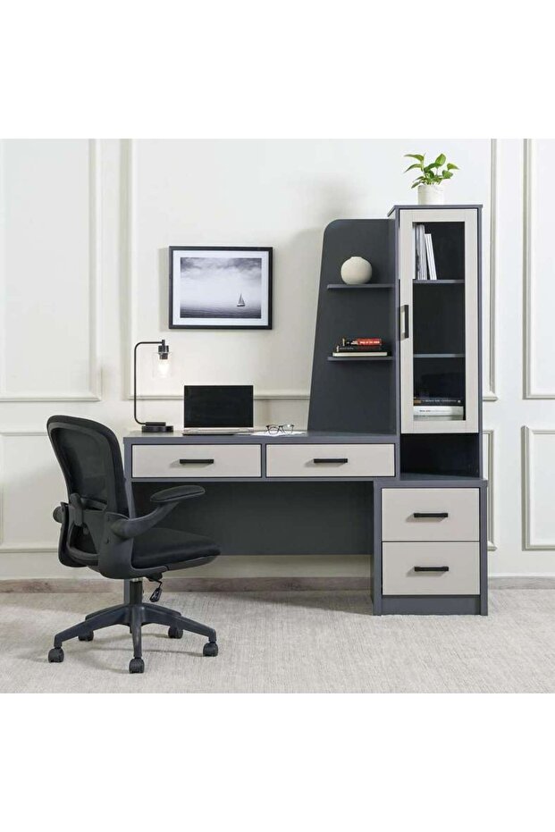 Neel Desk With Book Shelf - Dark Light Grey