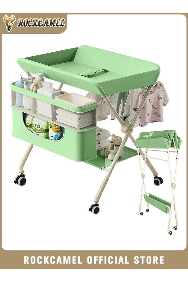 Foldable Baby Diaper Changing Table with Wheels, Multi-Functional Nursery Care Storage Sta