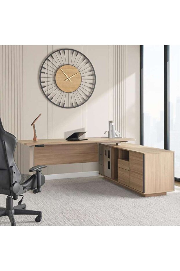 June Office Desk Right Side Return With Adjustable Height - Teak & Light Grey