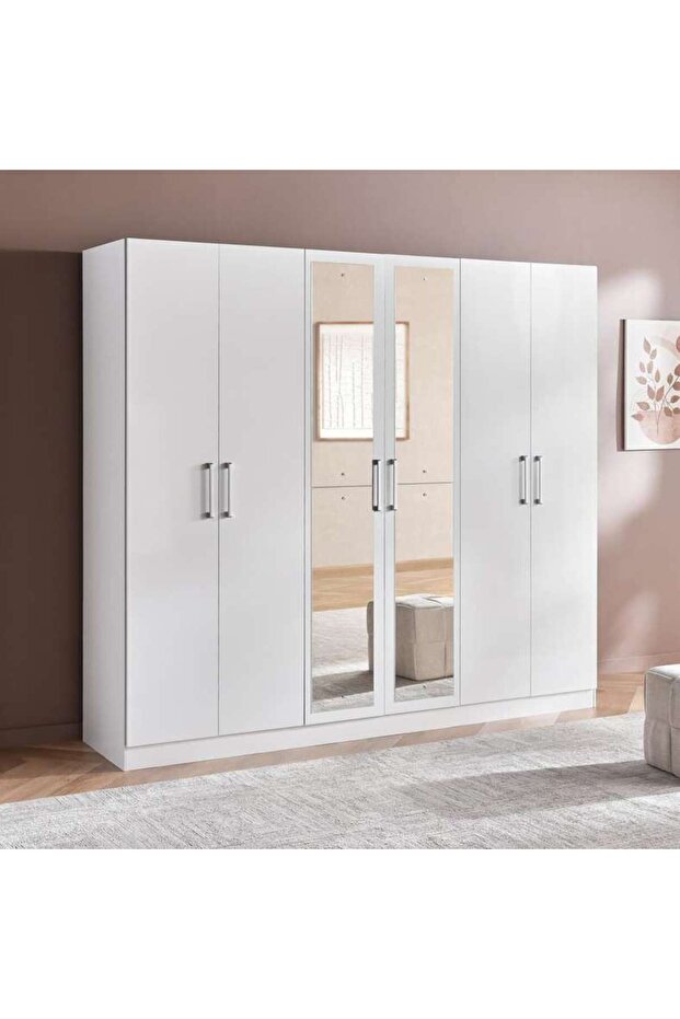 Flexo 6 Door Wardrobe With Mirror - White