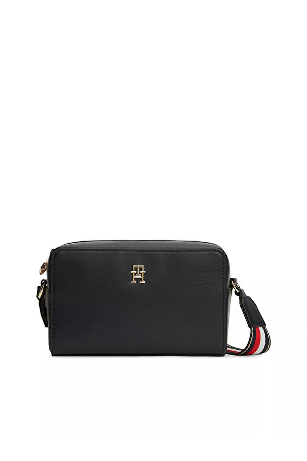 Women's Metallic Th Logo Adjustable Patterned Strap Zippered Navy Blue Bag