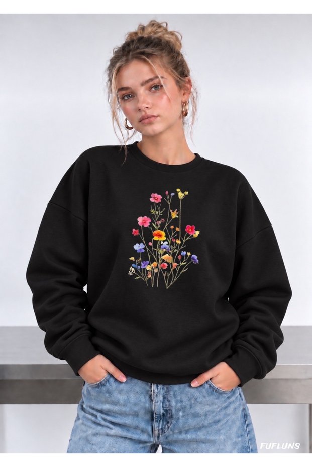 Colorful Flowers Printed Oversize Women's Crewneck Sweatshirt