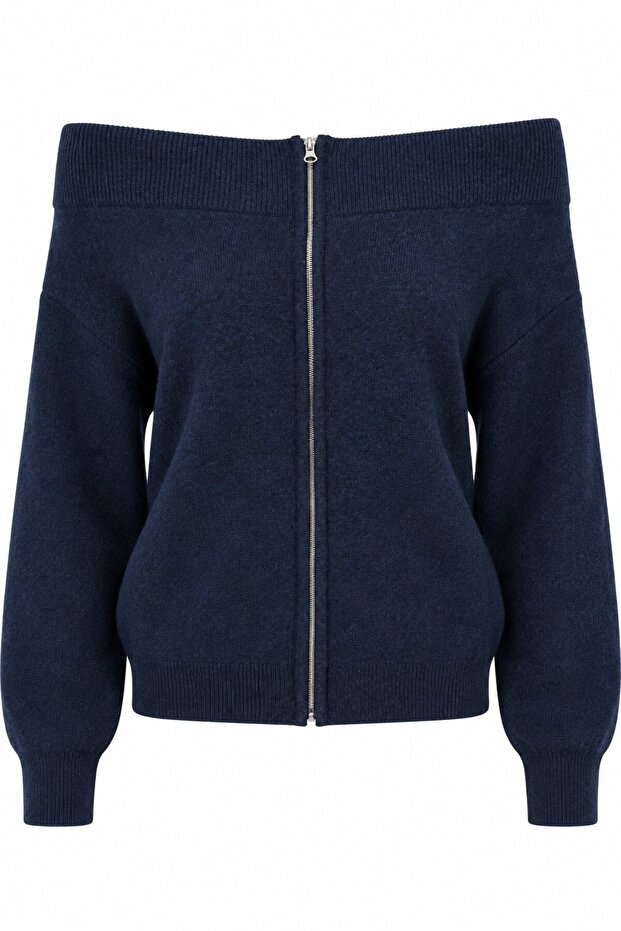 Navy Blue Off-Shoulder Cardigan - 261070