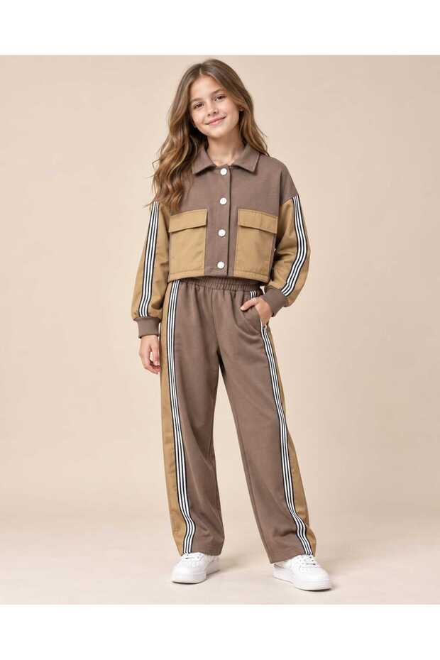 Girl's Striped Detailed Pocketed Buttoned Jacket and Trousers 2-Piece Camel Set