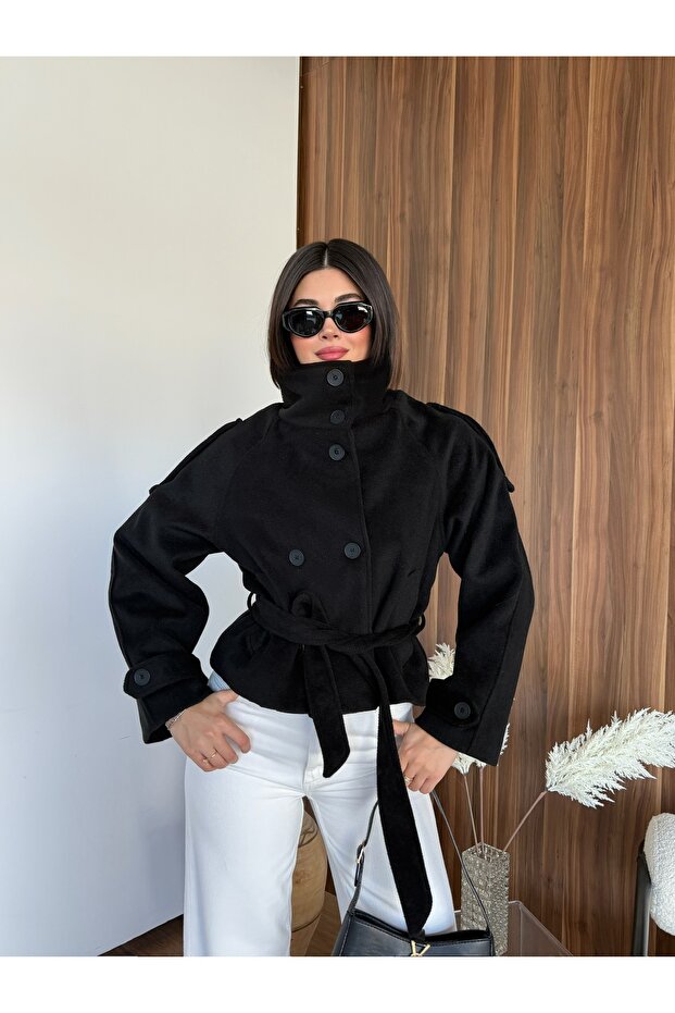 Women's Belted Pocketed Stand Collar Cashmere Trench Coat