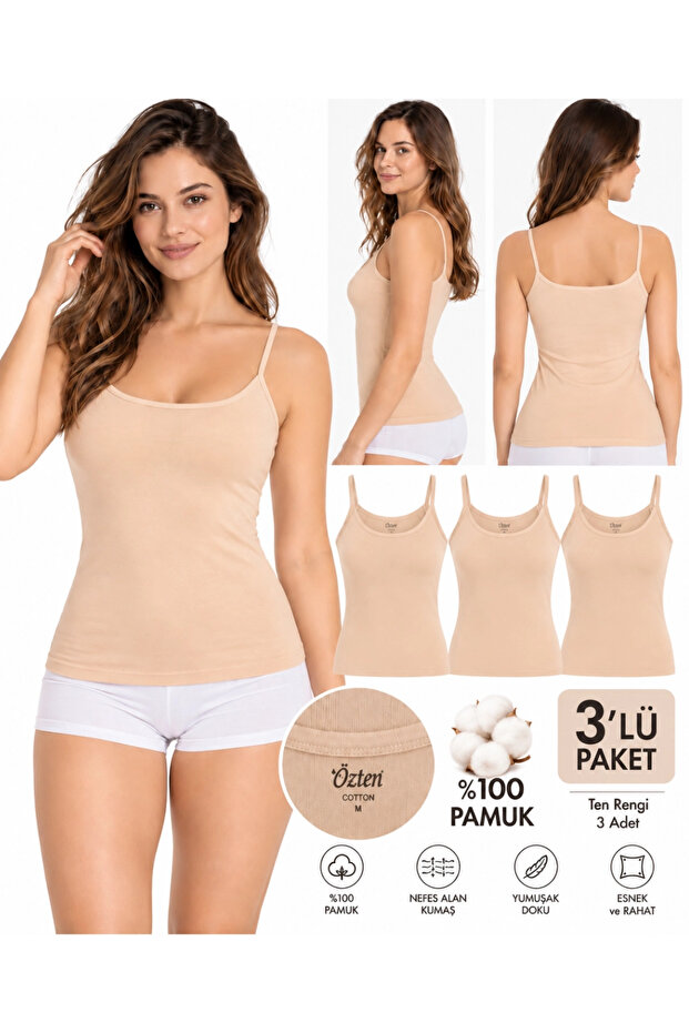 Özten Women's Ribbed 100% Cotton Undershirt with String Straps, Pack of 3