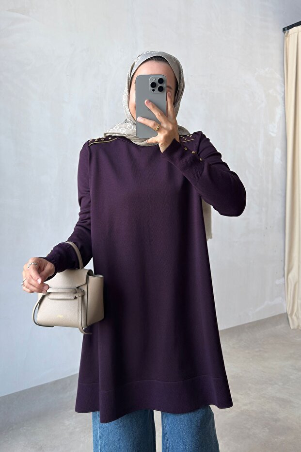 Mercerized Tunic with Shoulder Accessory Detail - Plum