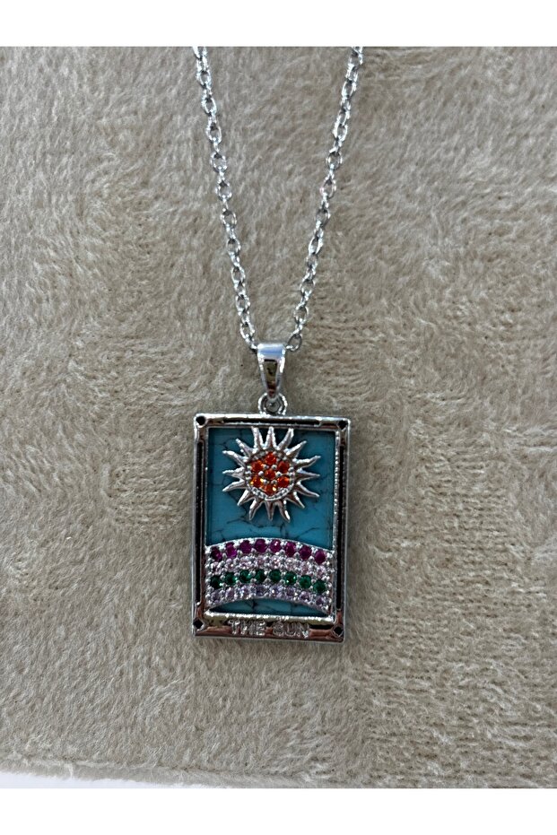 Tarot Card Concept Sun Figured Rectangular Women's Necklace with Colorful Zircon Stones
