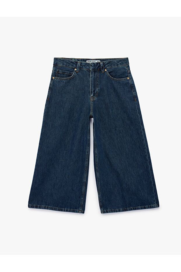 Normal Waist Pocketed Comfortable Fit Cotton Cropped Wide Leg Denim Trousers - Culotte Jeans