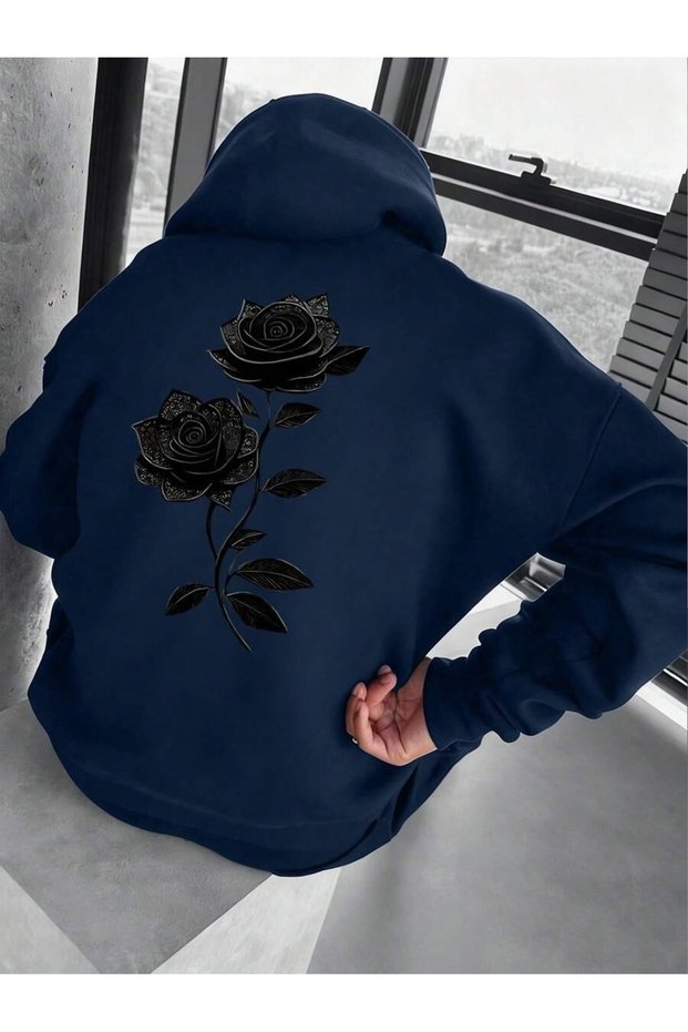 Unisex Navy Blue Black Rose Back Printed Hooded Sweatshirt Printed Premium Oversize T-Shirt