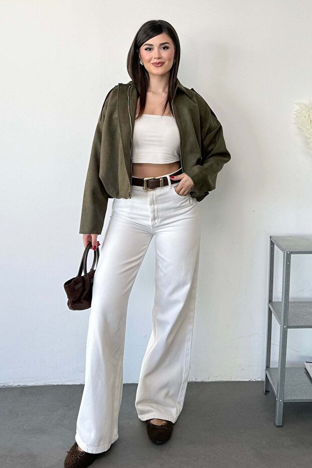 Women's Shirt Collar Zippered Suede Bomber Jacket Khaki - 27K 345