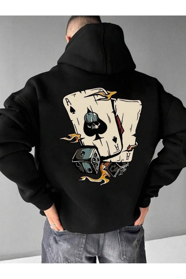 Unisex Black Card and Dice Back Printed Hooded Sweatshirt Printed Premium Oversize T-Shirt