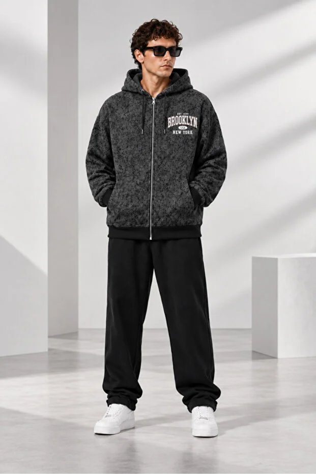 Unisex Patterned Zippered Hooded Sweatshirt Jacket with Pockets, Comfortable Fit for Daily Use