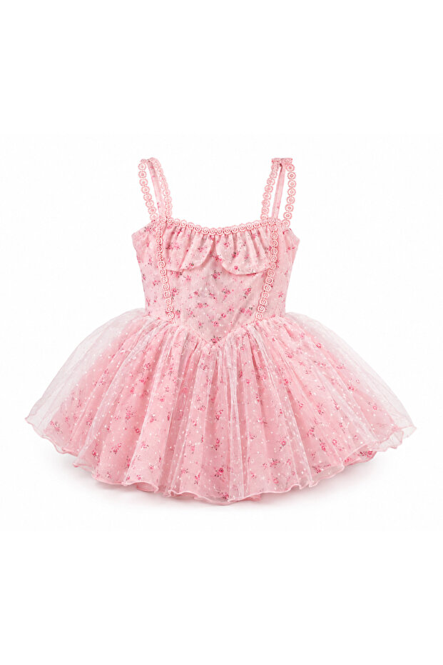 Girls Floral Tulle Party Dress – White – Size S