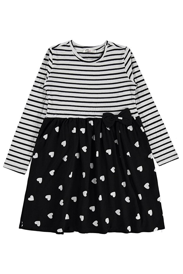 Striped and Heart Patterned Dress for 6-9 Years - Ecru