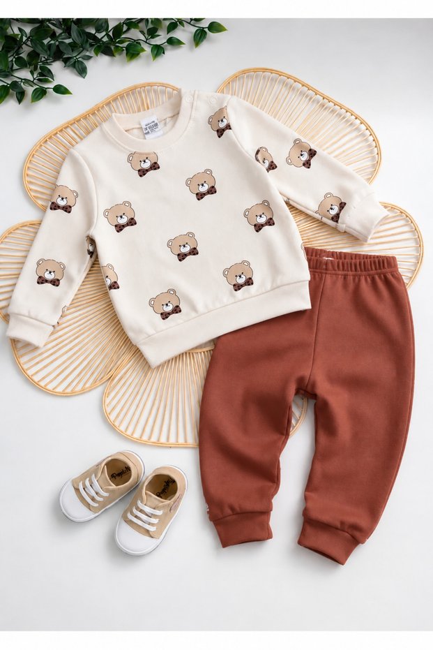Baby Teddy Bear Patterned 2-Piece Set Sweatshirt and Bottom Set, Soft and Comfortable Casual Outfit