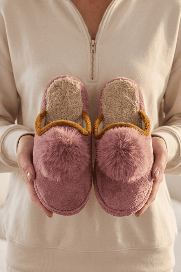 Women's Dusty Rose Pompom Detailed Plush Winter House Slippers 3 cm Byndtpwrpon01