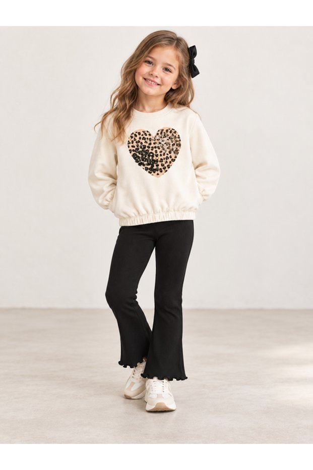 Girls Heart Graphic Sweatshirt and Ribbed Flared Pants Set