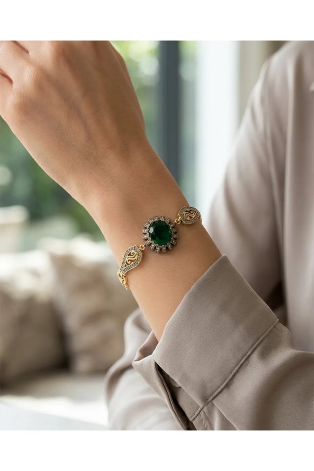 Bronze Women's Bracelet Authentic Copper Jewelry Zircon Inlaid Oval Green Stone Vintage Model 18 cm