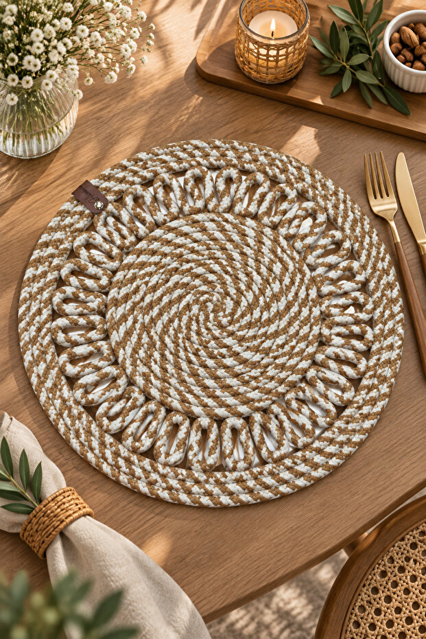 Decorative Single Placemat Patterned Tricot Model Round American Style Placemat Knitted Placemat Handmade Stylish Table Decoration Dining Table Breakfast Table Tableware Decor Home and Kitchen Accessory