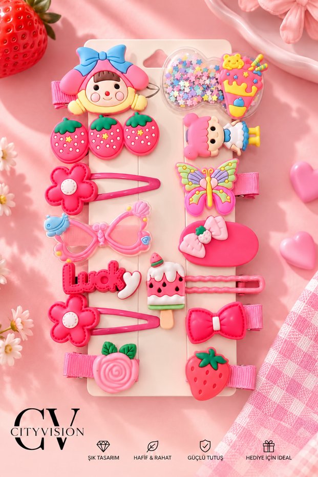 14 Pieces of Pink Color Mixed Figure Baby and Child Clips