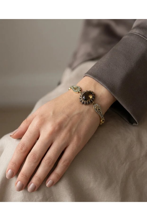 Bronze Women's Bracelet Authentic Copper Jewelry Zircon Inlaid Oval Oil Green Stone Vintage Model 18 cm