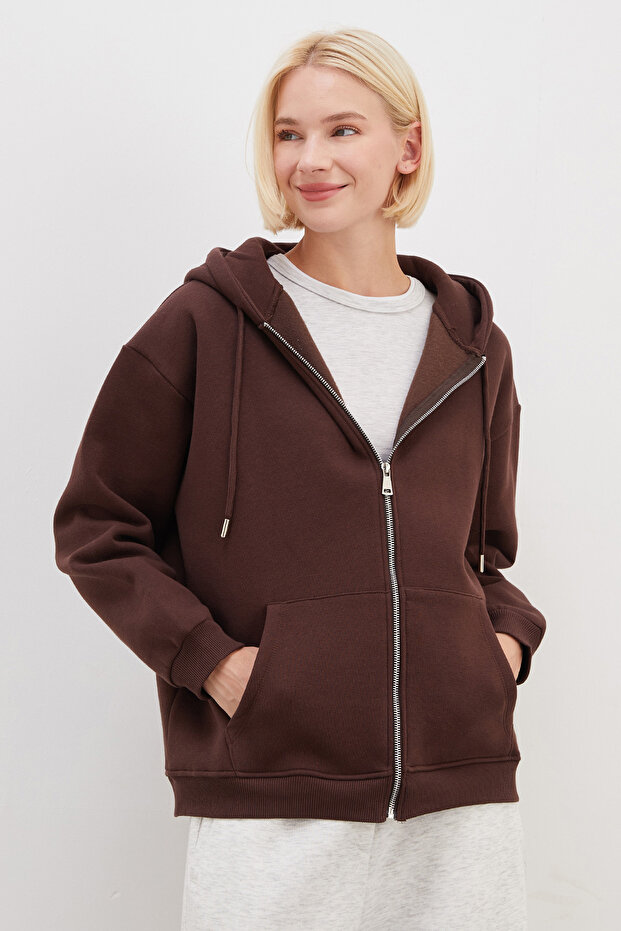 3 Thread Basic Zippered Hooded Oversize Sweatshirt