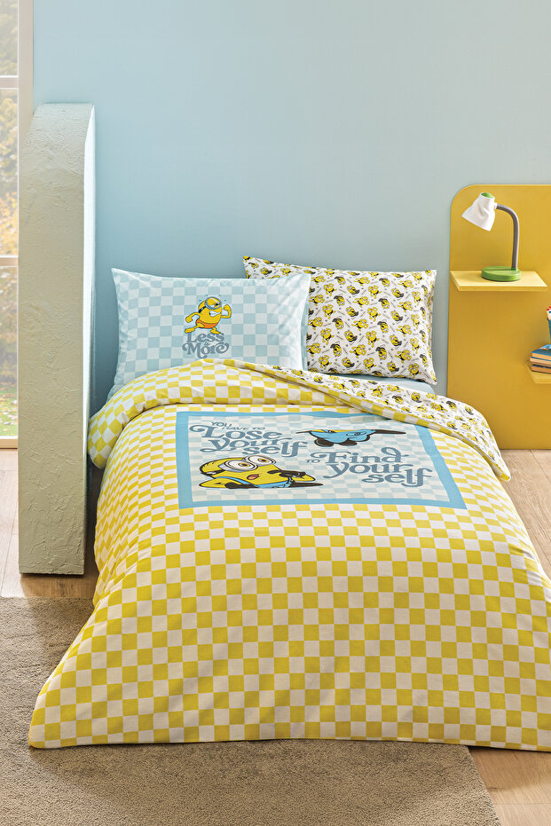 Minions Gingham 100% Cotton Single Duvet Cover Set - Yellow